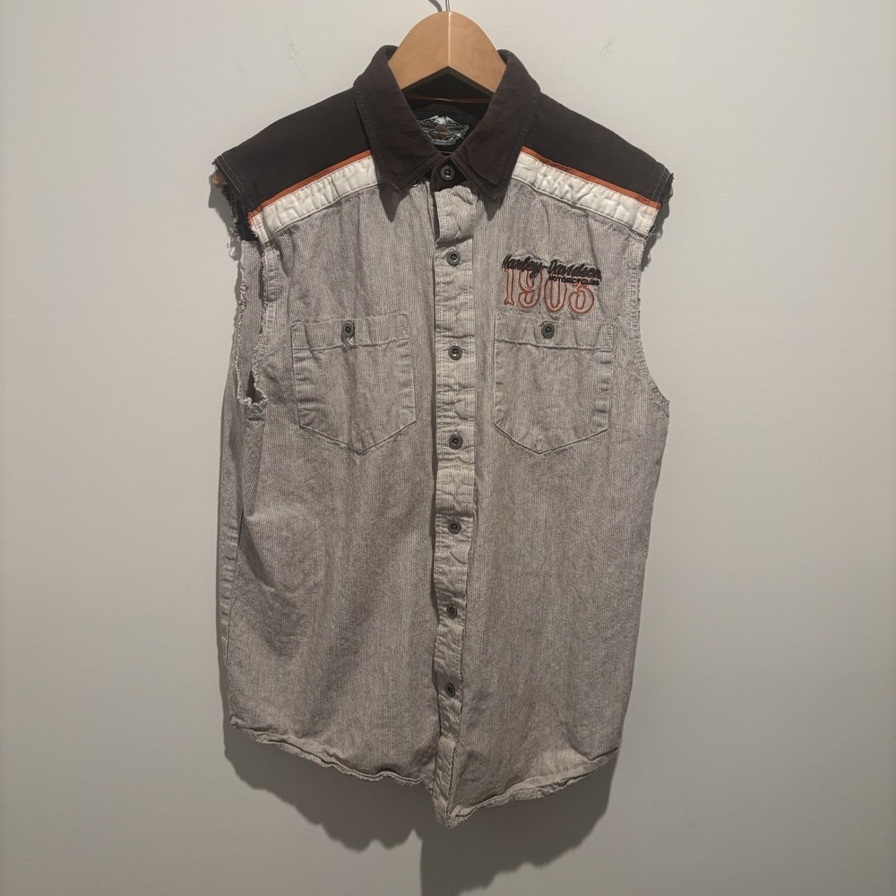 Harley-Davidsons Women's M  Sleeveless Vest Spell-Out Tan/ Brown Linen Blend